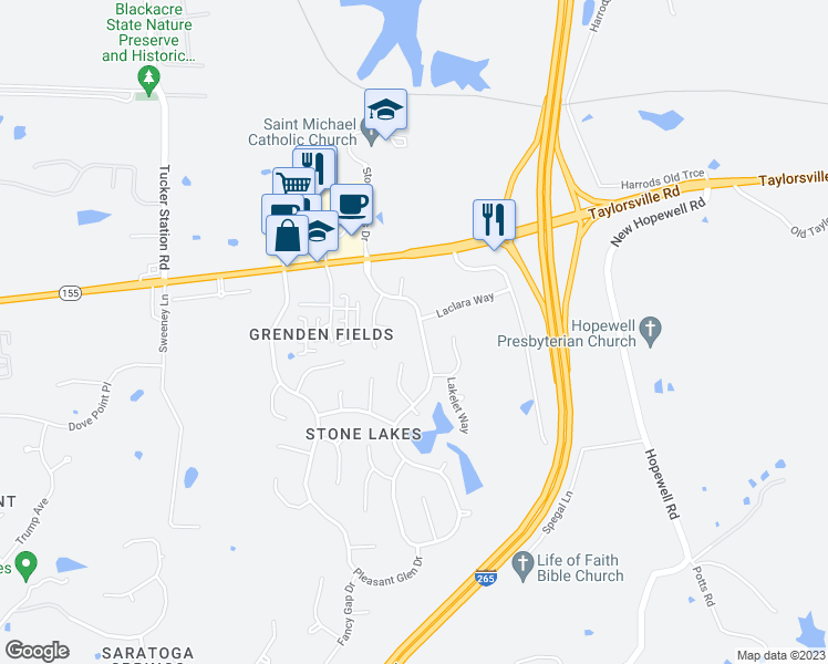 map of restaurants, bars, coffee shops, grocery stores, and more near 4102 Stone Lakes Drive in Louisville