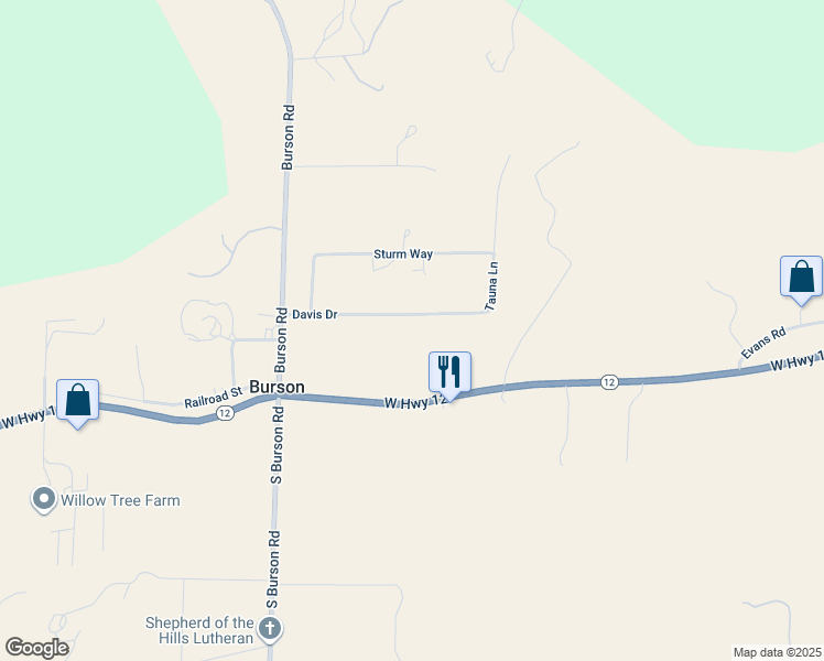 map of restaurants, bars, coffee shops, grocery stores, and more near 3604 Davis Drive in Burson