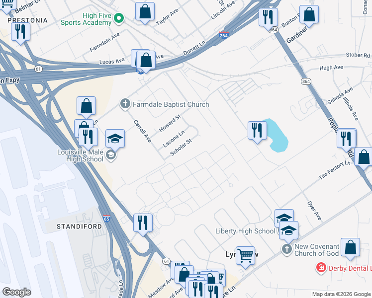 map of restaurants, bars, coffee shops, grocery stores, and more near 1320 Scholar Street in Louisville