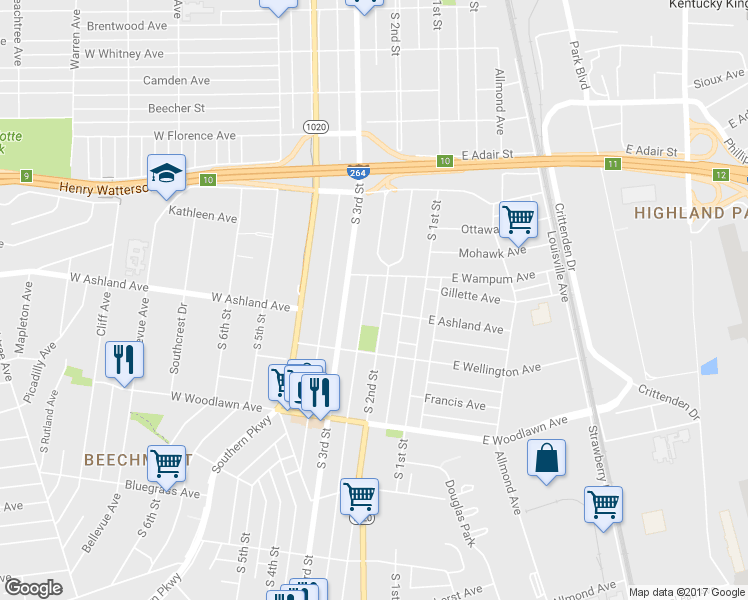 map of restaurants, bars, coffee shops, grocery stores, and more near 4552 South 2nd Street in Louisville