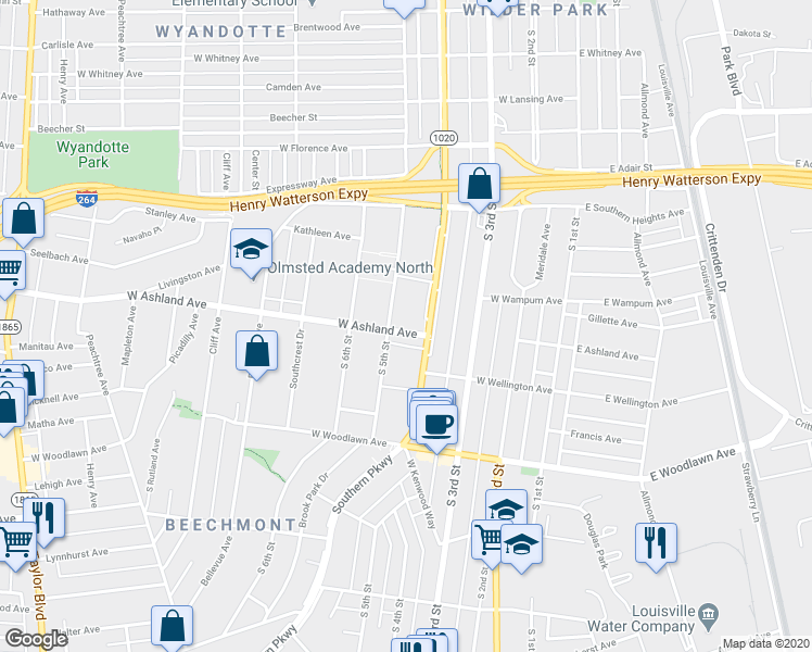 map of restaurants, bars, coffee shops, grocery stores, and more near 415 West Ashland Avenue in Louisville