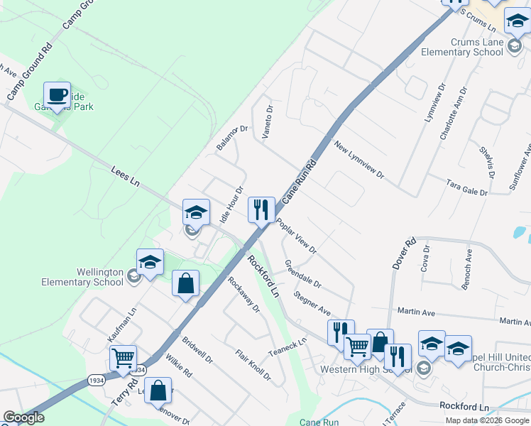 map of restaurants, bars, coffee shops, grocery stores, and more near 4750 Cane Run Road in Louisville