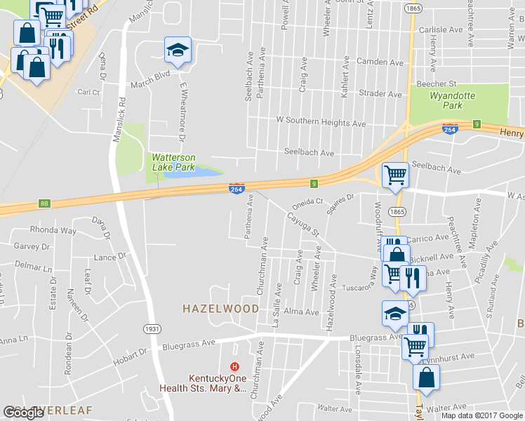 map of restaurants, bars, coffee shops, grocery stores, and more near 4010 Churchman Avenue in Louisville