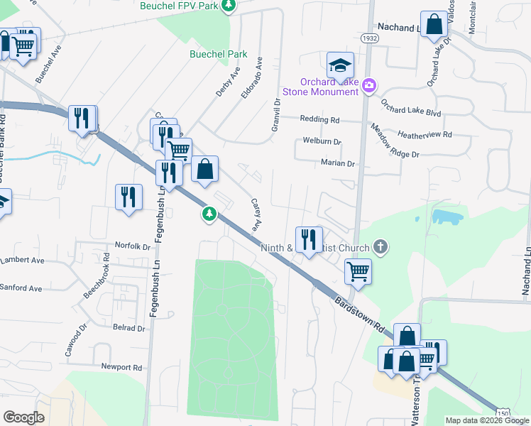 map of restaurants, bars, coffee shops, grocery stores, and more near 4417 Bardstown Road in Louisville