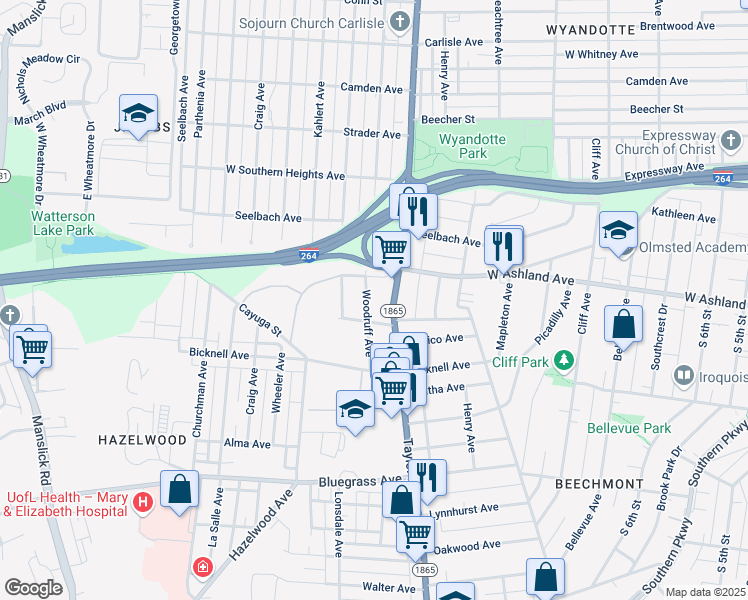 map of restaurants, bars, coffee shops, grocery stores, and more near 4013 Woodruff Avenue in Louisville