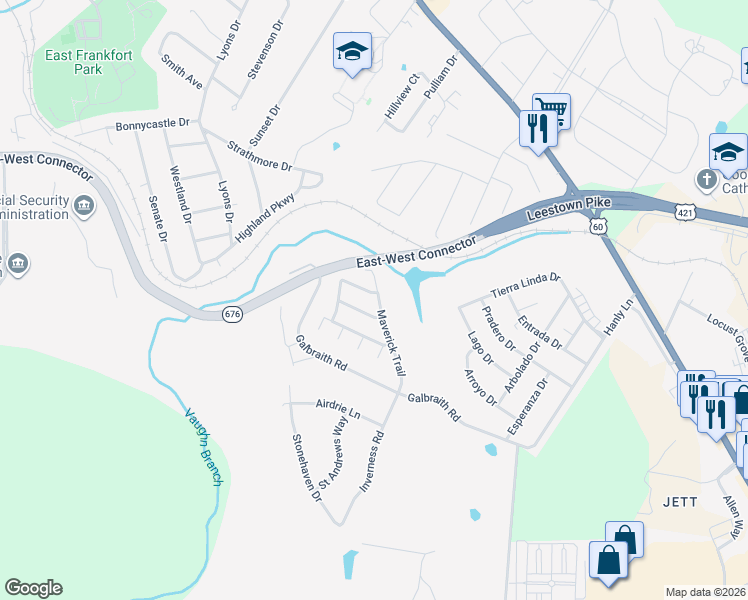 map of restaurants, bars, coffee shops, grocery stores, and more near 1203 Maverick Trail in Frankfort