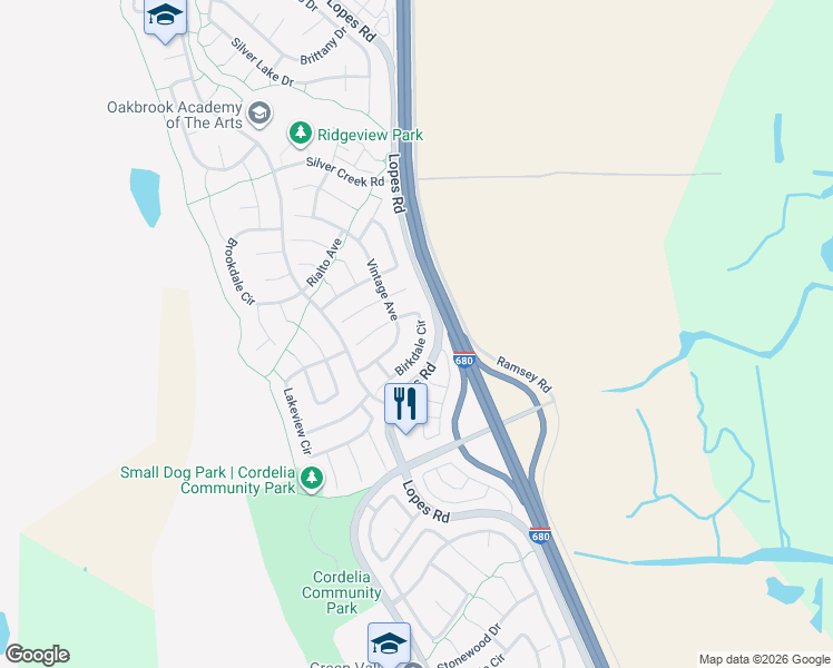 map of restaurants, bars, coffee shops, grocery stores, and more near 4841 Birkdale Circle in Fairfield
