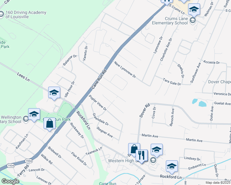 map of restaurants, bars, coffee shops, grocery stores, and more near 3113 Melody Acres Lane in Louisville