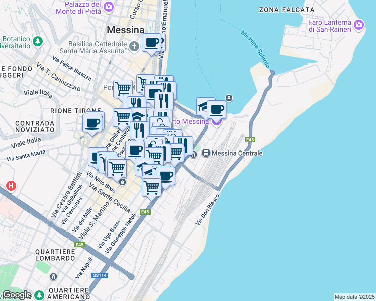 map of restaurants, bars, coffee shops, grocery stores, and more near 3 Via del Vespro in Messina