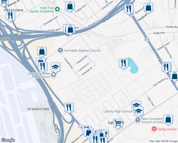 map of restaurants, bars, coffee shops, grocery stores, and more near 1320 Scholar Street in Louisville