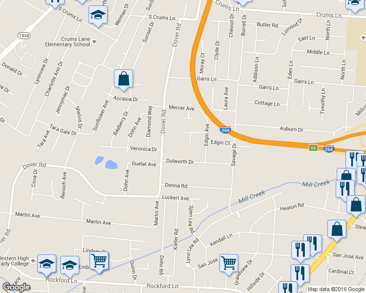 map of restaurants, bars, coffee shops, grocery stores, and more near 4306 Blue Sky Court in Louisville