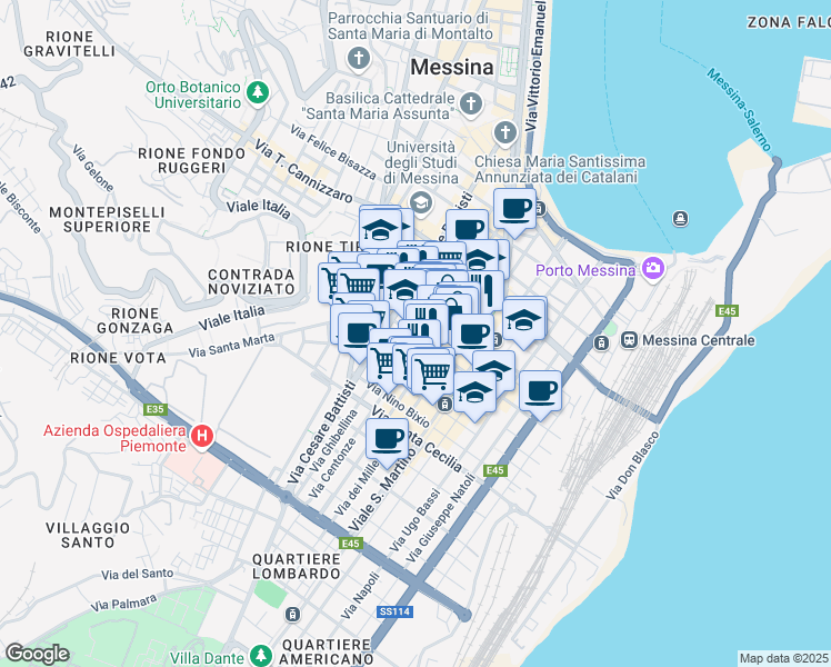 map of restaurants, bars, coffee shops, grocery stores, and more near 114 Via Centonze in Messina