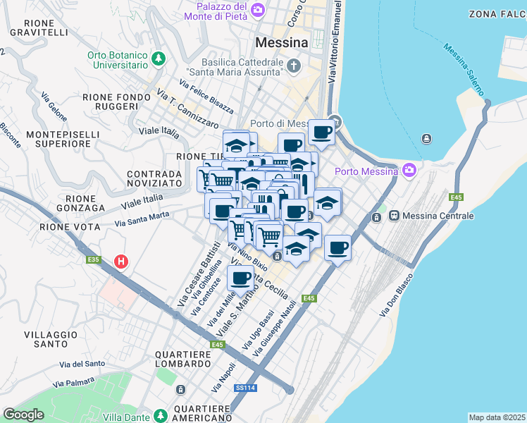 map of restaurants, bars, coffee shops, grocery stores, and more near 114 Via Centonze in Messina