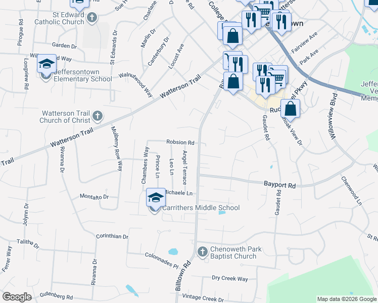 map of restaurants, bars, coffee shops, grocery stores, and more near 4109 Angel Terrace in Jeffersontown