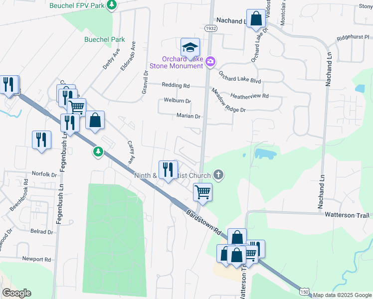 map of restaurants, bars, coffee shops, grocery stores, and more near 4304 Breckenridge Lane in Louisville