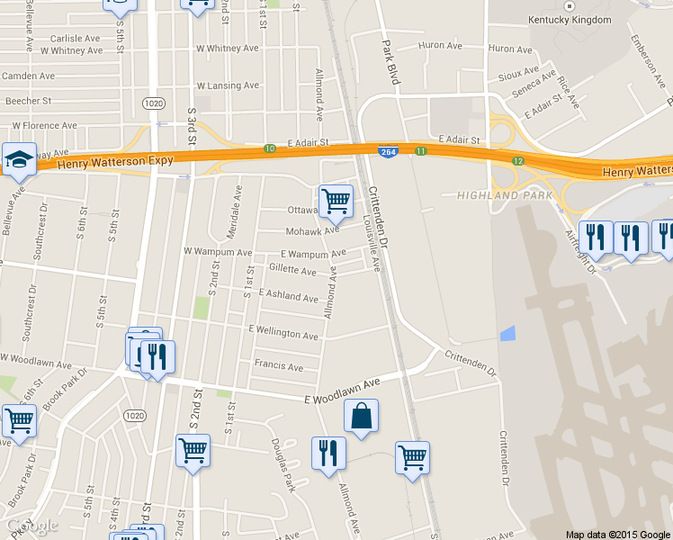 map of restaurants, bars, coffee shops, grocery stores, and more near 201 Hiawatha Avenue in Louisville