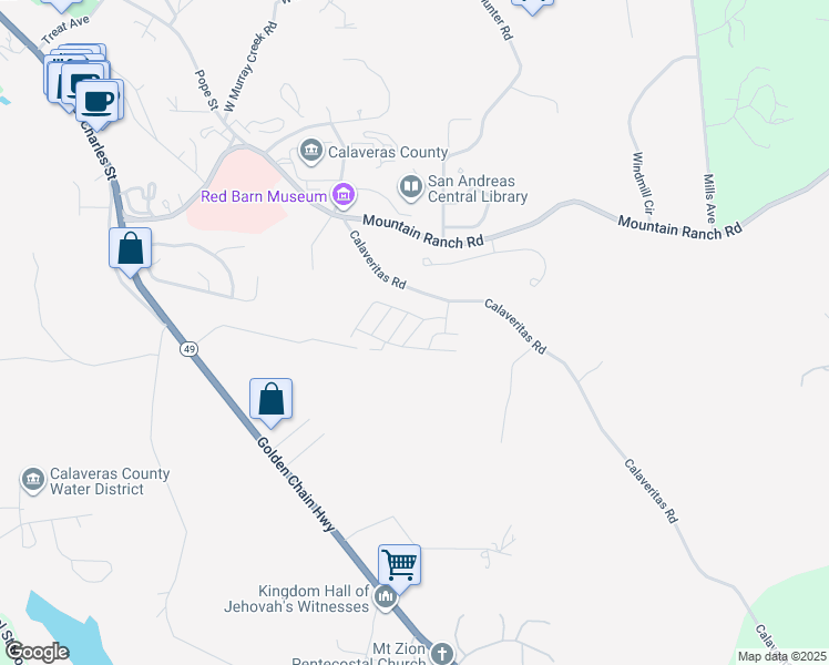 map of restaurants, bars, coffee shops, grocery stores, and more near 1330 Calaveritas Road in San Andreas