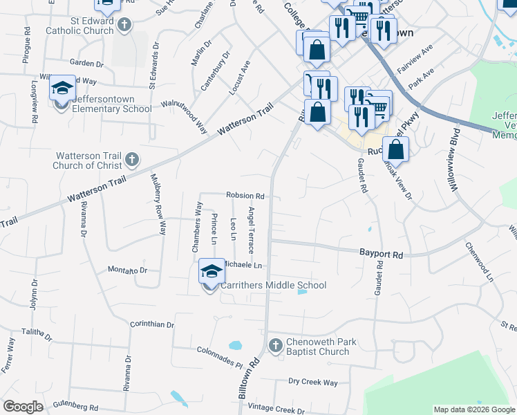 map of restaurants, bars, coffee shops, grocery stores, and more near 4109 Angel Terrace in Jeffersontown
