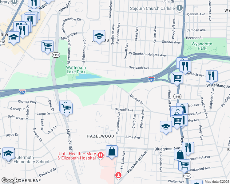 map of restaurants, bars, coffee shops, grocery stores, and more near 4010 Churchman Avenue in Louisville