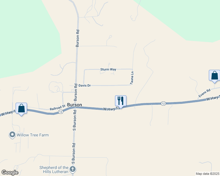 map of restaurants, bars, coffee shops, grocery stores, and more near 3604 Davis Drive in Burson