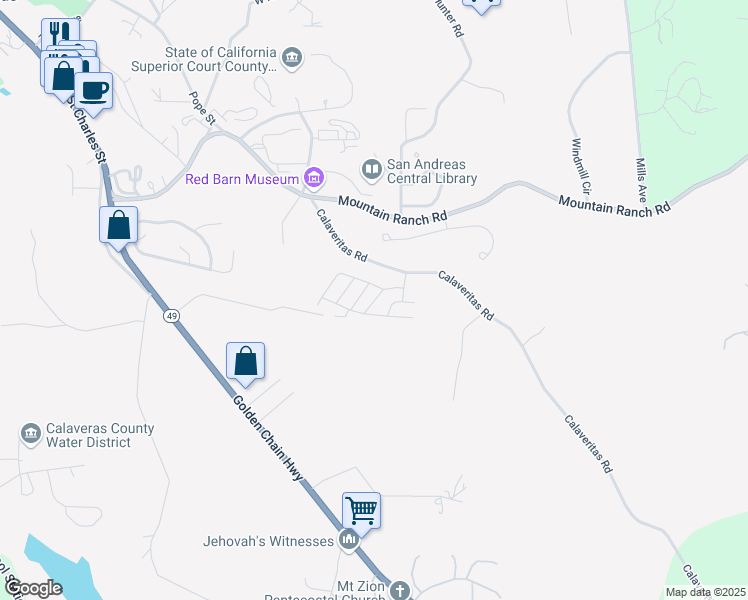 map of restaurants, bars, coffee shops, grocery stores, and more near 1330 Calaveritas Road in San Andreas