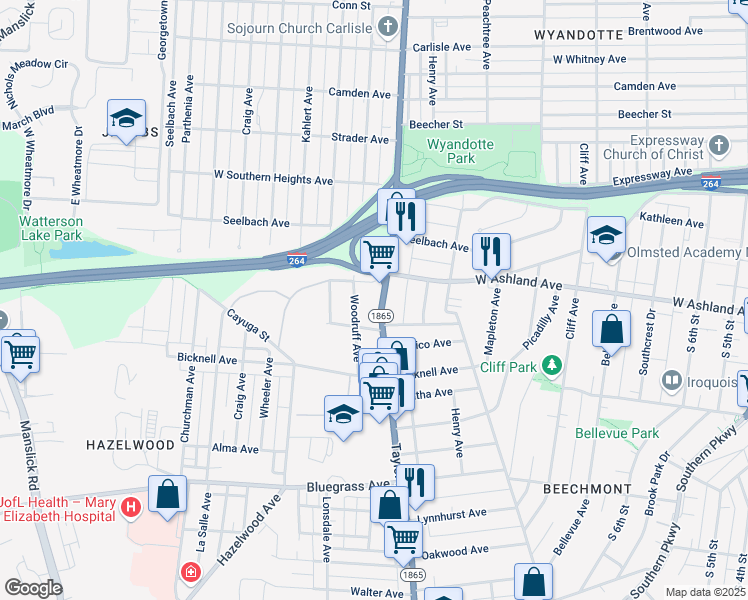 map of restaurants, bars, coffee shops, grocery stores, and more near 4013 Woodruff Avenue in Louisville
