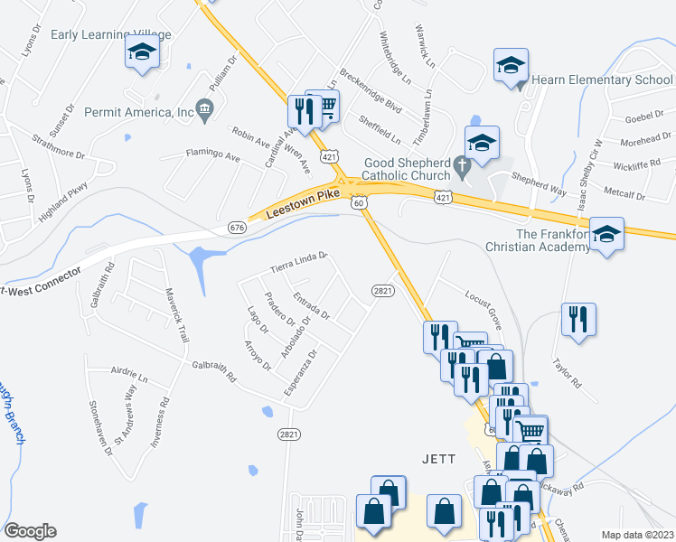 map of restaurants, bars, coffee shops, grocery stores, and more near 962 Tierra Linda Drive in Frankfort