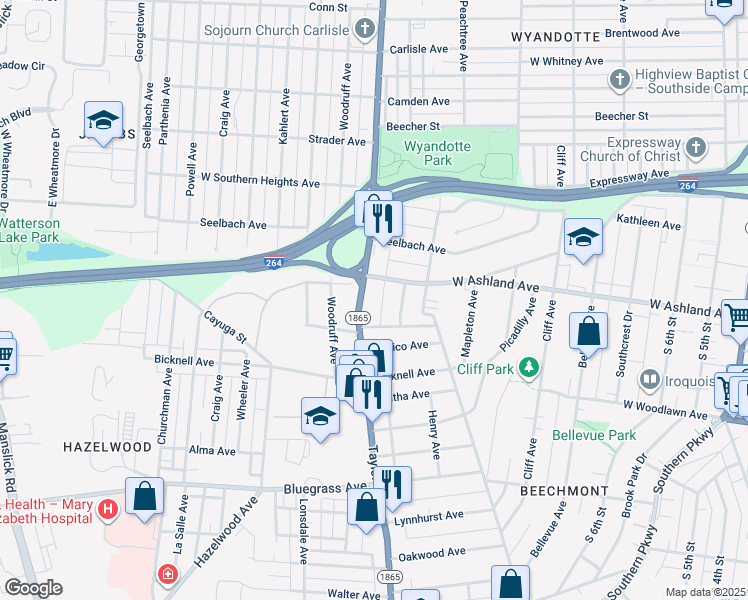 map of restaurants, bars, coffee shops, grocery stores, and more near 4019 Taylor Boulevard in Louisville