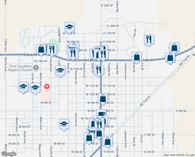 map of restaurants, bars, coffee shops, grocery stores, and more near 101-149 West 12th Street in Larned