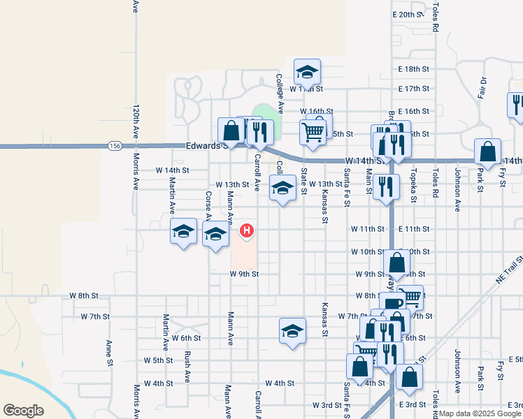 map of restaurants, bars, coffee shops, grocery stores, and more near 1148 Carroll Avenue in Larned