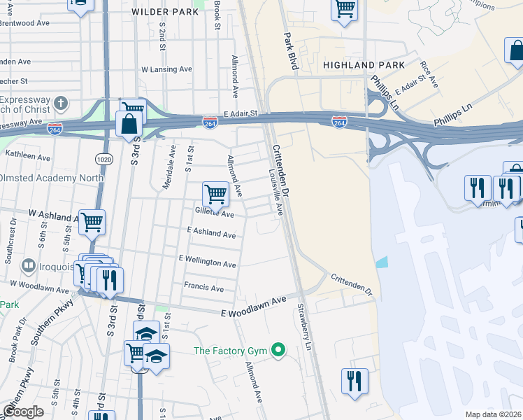 map of restaurants, bars, coffee shops, grocery stores, and more near 201 Hiawatha Avenue in Louisville
