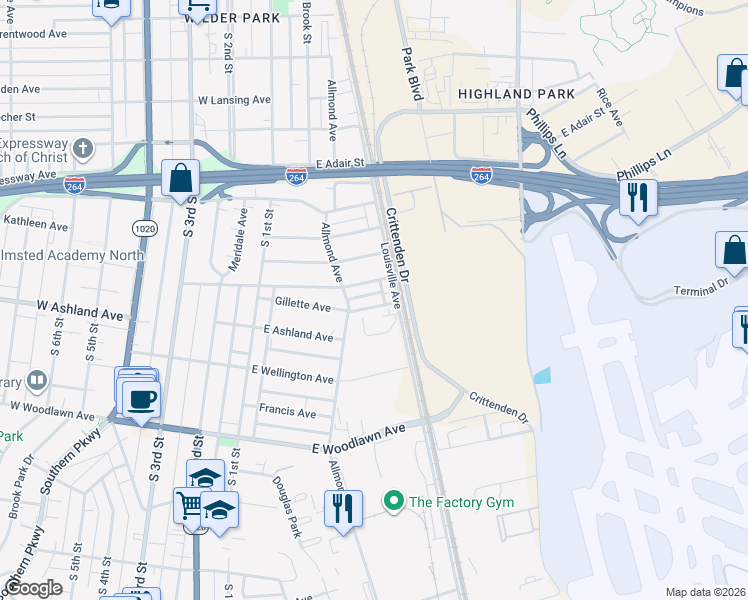 map of restaurants, bars, coffee shops, grocery stores, and more near 4646 Louisville Avenue in Louisville