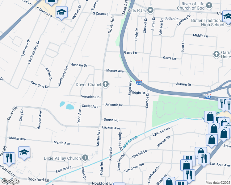map of restaurants, bars, coffee shops, grocery stores, and more near 4306 Blue Sky Court in Louisville