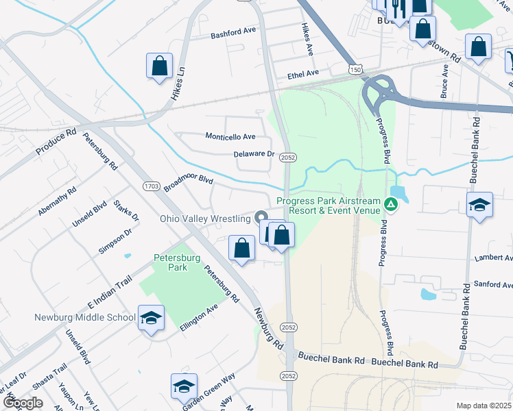 map of restaurants, bars, coffee shops, grocery stores, and more near 5300 East Indian Trail in Louisville