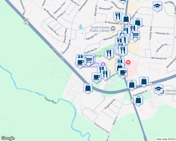 map of restaurants, bars, coffee shops, grocery stores, and more near 106 Marketplace Circle in Georgetown