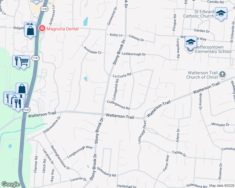map of restaurants, bars, coffee shops, grocery stores, and more near 4208 Cottagehill Road in Louisville
