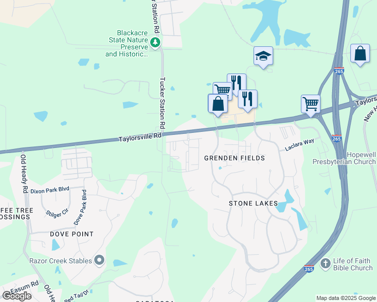 map of restaurants, bars, coffee shops, grocery stores, and more near Keighley Park Lane in Louisville