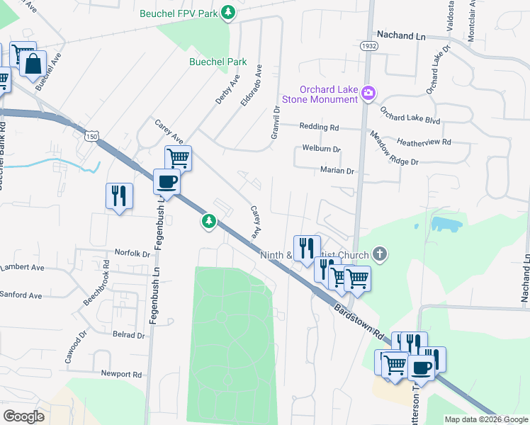 map of restaurants, bars, coffee shops, grocery stores, and more near 4417 Bardstown Road in Louisville