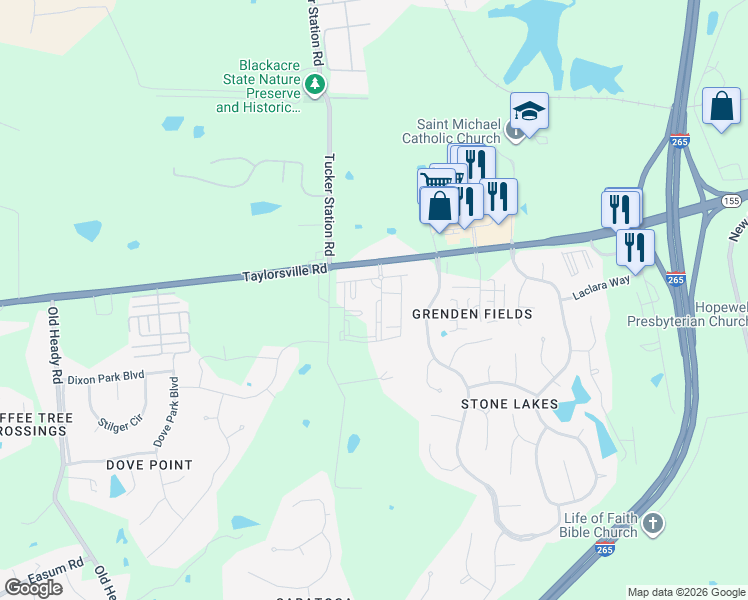 map of restaurants, bars, coffee shops, grocery stores, and more near 12508 Taylorsville Road in Louisville