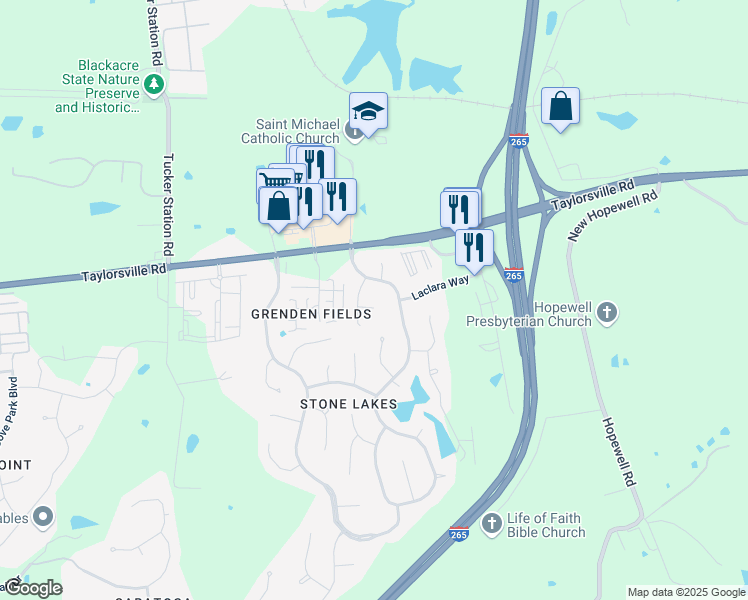 map of restaurants, bars, coffee shops, grocery stores, and more near 4104 Willow Reed Place in Jeffersontown