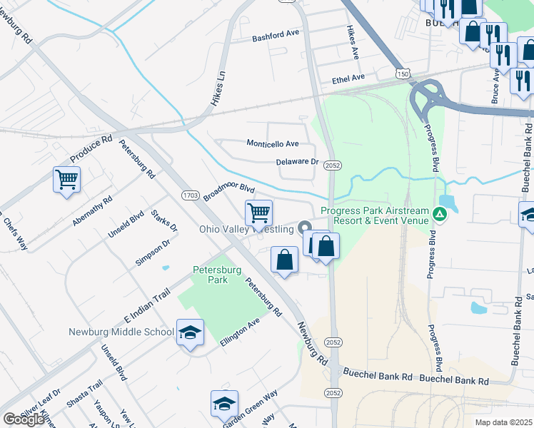 map of restaurants, bars, coffee shops, grocery stores, and more near 5203 East Indian Trail in Louisville