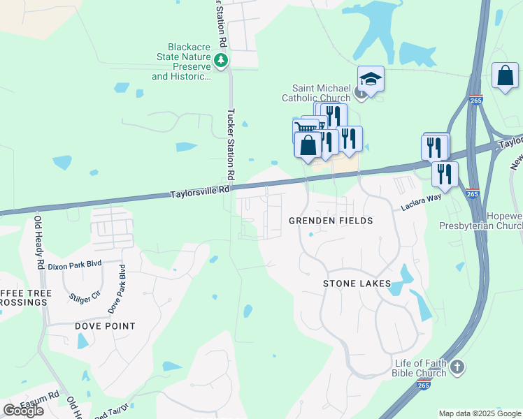 map of restaurants, bars, coffee shops, grocery stores, and more near 12508 Taylorsville Road in Louisville