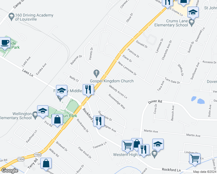 map of restaurants, bars, coffee shops, grocery stores, and more near 3235 Rosewedge Way in Louisville