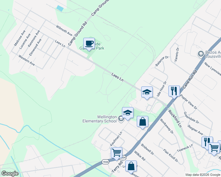 map of restaurants, bars, coffee shops, grocery stores, and more near 3500-3752 Lees Lane in Louisville