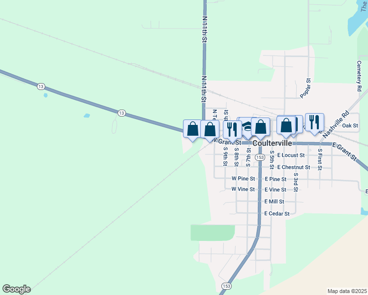 map of restaurants, bars, coffee shops, grocery stores, and more near 13138 Illinois 13 in Coulterville