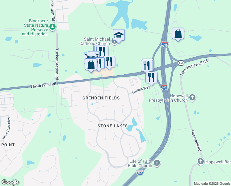 map of restaurants, bars, coffee shops, grocery stores, and more near Willow Reed Drive in Louisville