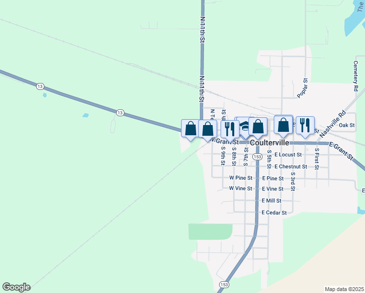 map of restaurants, bars, coffee shops, grocery stores, and more near 13138 Illinois 13 in Coulterville