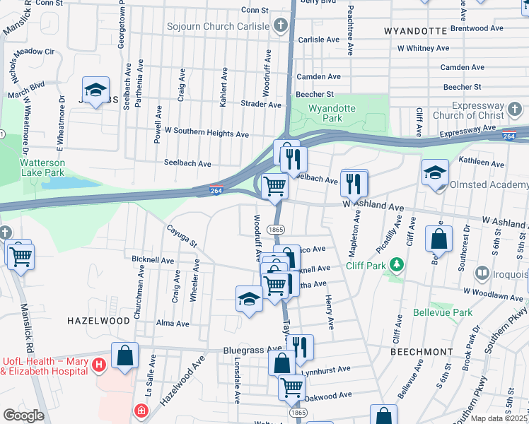 map of restaurants, bars, coffee shops, grocery stores, and more near 4013 Woodruff Avenue in Louisville