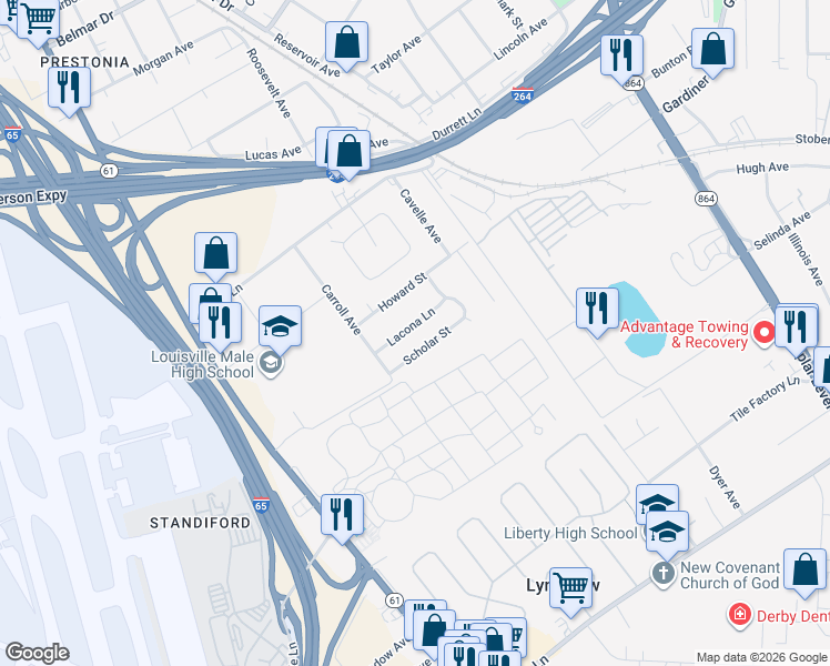 map of restaurants, bars, coffee shops, grocery stores, and more near 1309 Scholar Street in Louisville