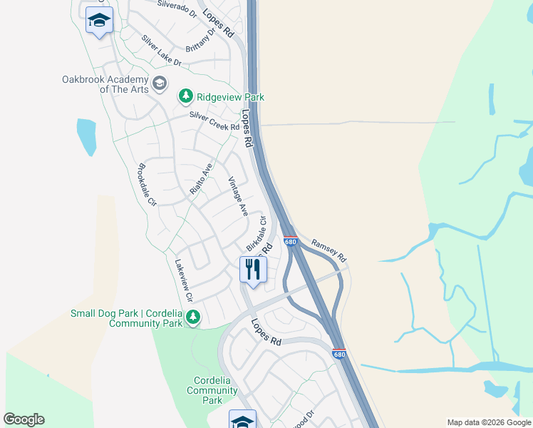 map of restaurants, bars, coffee shops, grocery stores, and more near 4841 Birkdale Circle in Fairfield